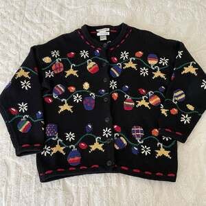 VTG 90s Talbots Christmas Cardigan Sweater Hand Knit Ornament Lights Tree Medium